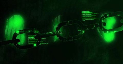 Neon Green Blockchain Chain Pulsing with Binary Code Across Cyber Network for Security