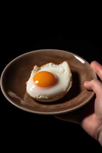 A freshly cooked fried egg sits on a brown plate. Captured against a dark background, the image emphasizes the simplicity of a classic breakfast dish.