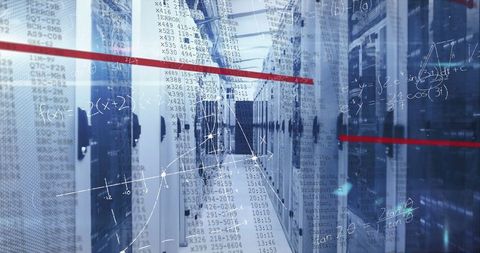 Modern data center aisle with cybersecurity data overlays