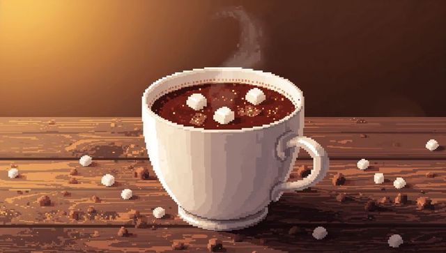 Cozy pixel art hot chocolate in white ceramic cup on rustic wooden table with marshmallows