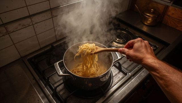 Spaghetti Cooking on Stove in Warm Rustic Kitchen Environment