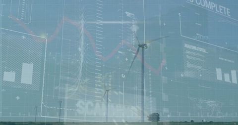 Wind Turbine Overlaid with Data Charts Symbolizing Renewable Energy Technology