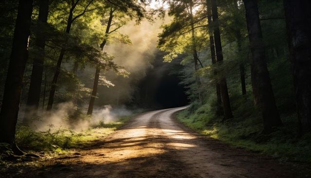 Sunlit winding forest road with morning mist, dappled light and fern-lined trail