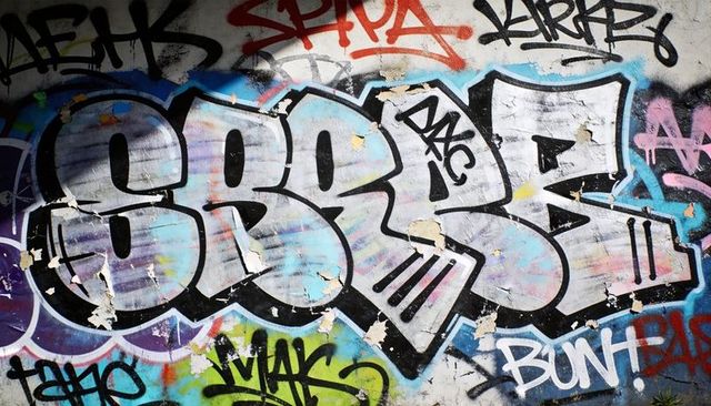 Featuring vibrant graffiti mural with peeling paint, layered tags and weathered texture