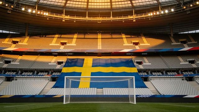Empty stadium goal framed by giant swedish flag under dome floodlights at sunset glow