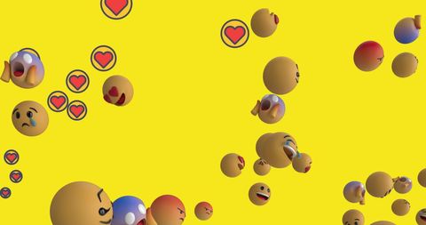 Emojis and heart icons floating on yellow background