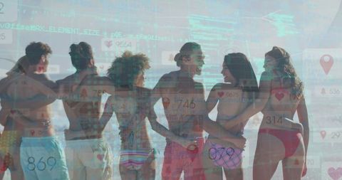 Young Friends Enjoying Beach with Social Media Overlays