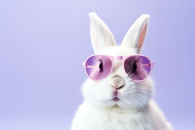 White rabbit wearing pink sunglasses against a purple pastel background is perfect for playful and creative themes. Ideal for spring, Easter decorations, kids' products, animal-themed advertisements, fashion campaigns, and social media posts. Uses include websites, marketing materials, graphic designs, especially around holidays and in children's content.
