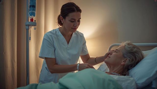Compassionate nurse comforting elderly patient at bedside during iv treatment