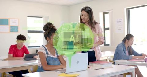 Teacher guiding student using ai learning interface on laptop in bright classroom