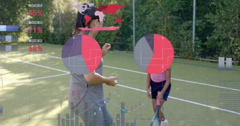 Tennis coach guiding young girl through forehand technique with augmented reality hud