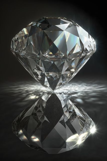 Close up of cut diamond with reflection on black background, created using generative ai technology. Precious stones, luxury and wealth concept digitally generated image.