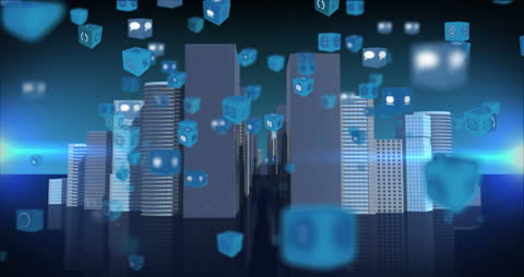 Digital Media Icons Floating Over Futuristic Cityscape