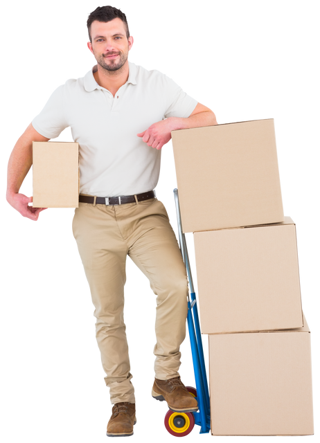 Confident Delivery Man Holding Cardboard Boxes with Trolley on White Background - Download Free Stock Videos Pikwizard.com