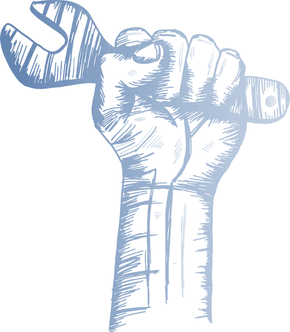 Transparent forearm raised with wrench symbolizing industry