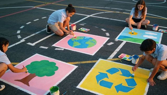 Children painting colorful eco murals on asphalt court promoting recycling and earth care