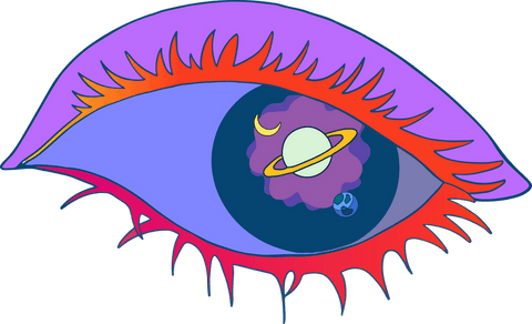 Surreal eye art with cosmic planet inside on transparent background