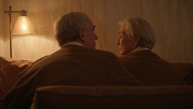 Senior couple sitting close on sofa sharing quiet conversation in warm lamplight
