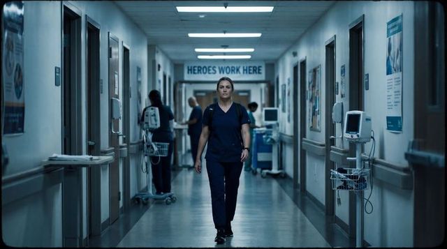 Female nurse walking down hospital corridor under heroes work here banner