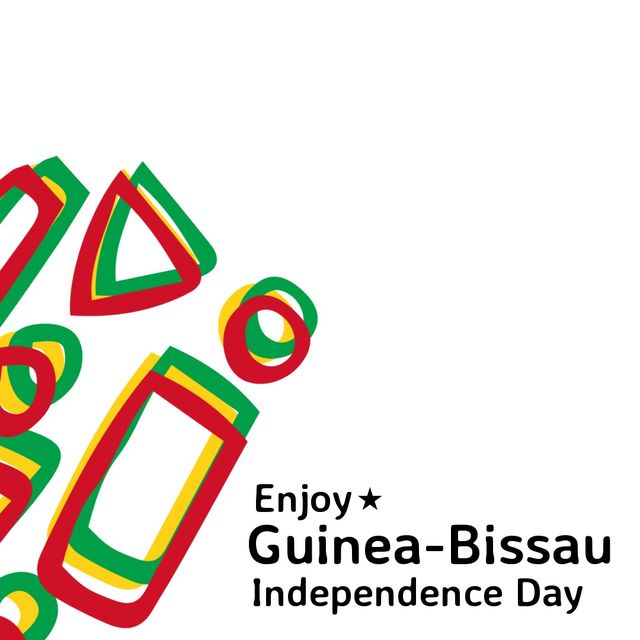 Illustration features vibrant abstract shapes set against a white background with text 'Enjoy Guinea-Bissau Independence Day'. Perfect for use in promotional materials, social media posts, banners, or educational content to celebrate the independence and culture of Guinea-Bissau. The colorful design adds a lively and festive touch to any project.