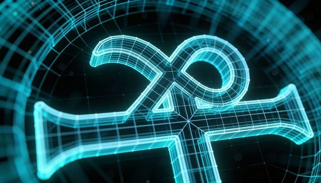 Holographic ankh wireframe rotating in neon cybersphere, futuristic 3d glyph mesh topology