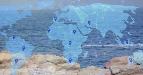 Digital Global Map Overlay on Natural Coastal Background