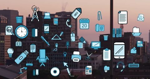 Cityscape with digital business and technology icons overlay