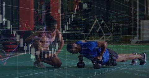 Partner coaching strength training push-up on dumbbell handles with candlestick overlay