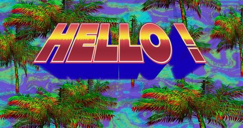 Retro future design with palm trees and bold hello text