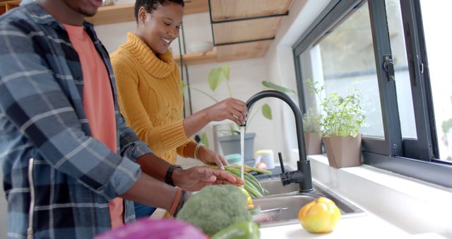 Smiling Couple Washing Vegetables in Modern Kitchen - Download Free Stock Images Pikwizard.com