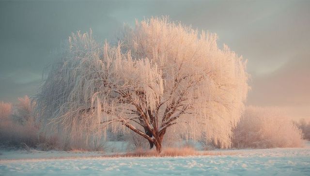 Majestic frost-laden tree in tranquil winter sunrise