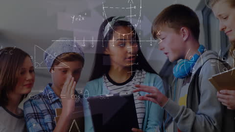 Students Engaged in VR Learning with Mathematical Equations Overlay