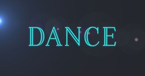 Neon dance text on dark background with light effects