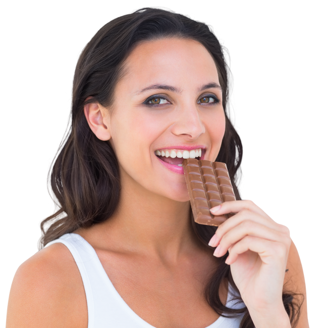 Happy brunette enjoying delicious chocolate bar on transparent background - Download Free Stock Videos Pikwizard.com