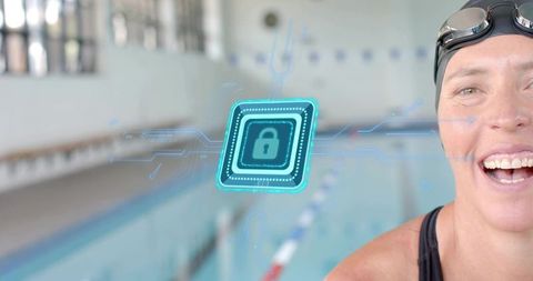 Smiling swimmer showcasing holographic digital padlock over lap pool lanes, sports cybersecurity