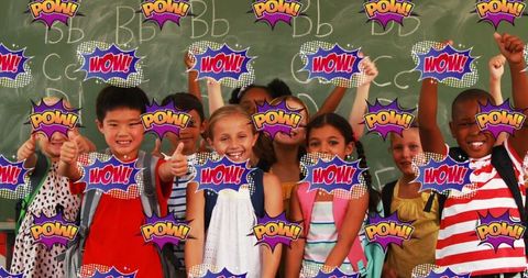 Cheerful Schoolchildren with Comic Book Style WOW and POW Overlays - Download Free Stock Images Pikwizard.com