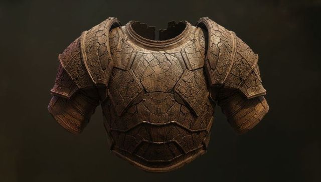 Cracked antique cuirass with pauldrons, weathered patina medieval fantasy breastplate