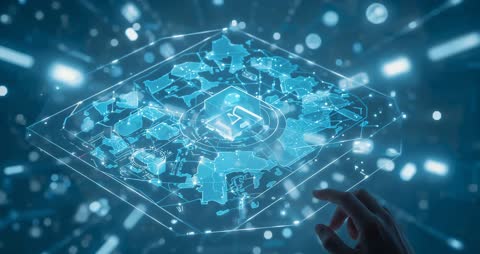 Hand interacting with 3D digital map interface in virtual space