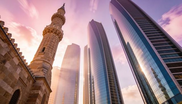 Minaret rising beside reflective glass skyscrapers at pastel sunrise urban skyline contrast