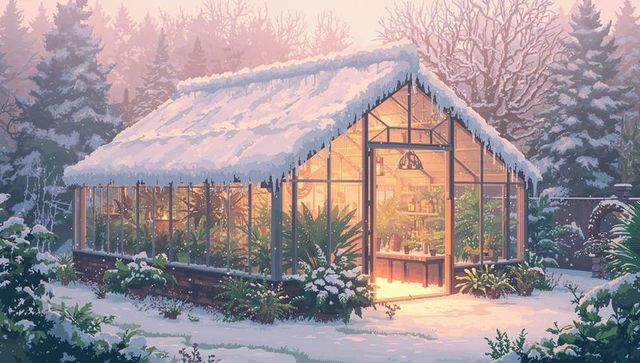 Glowing glass greenhouse spilling warm light at dusk in snow-covered winter garden