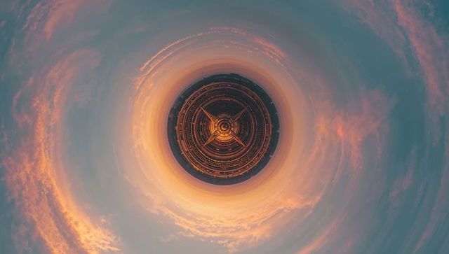 Tiny-planet circular city glowing ring roads at sunset with radial symmetry and neon hub