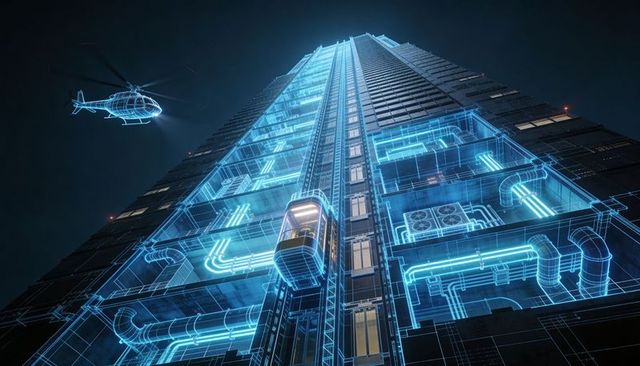 Futuristic high-rise with holographic hvac wireframe and glowing glass elevator at night