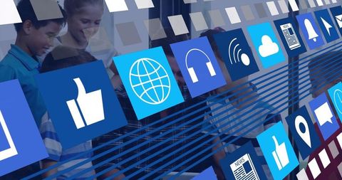 Diverse Team Collaboration With Technology Icons Overlay