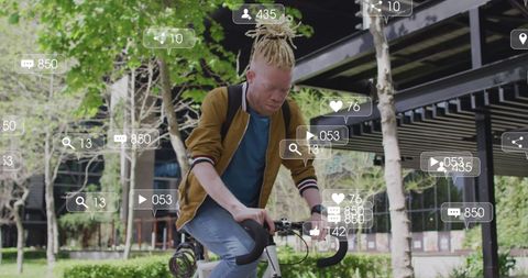 Albino man engaging in urban bicycle activity with digital overlays