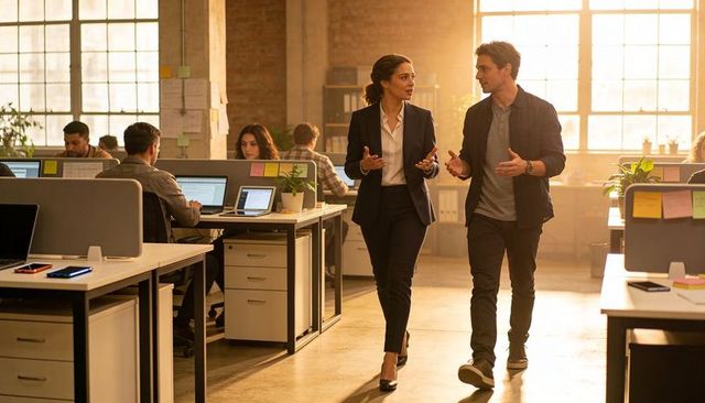 Business professionals walking and discussing strategy in sunlit industrial loft workspace
