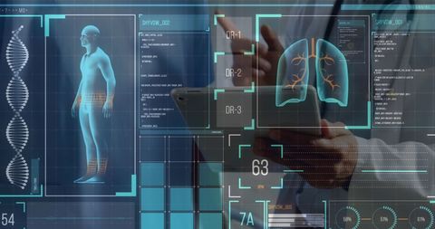 Futuristic Medical Data Screens with Digital Tablet Intogation