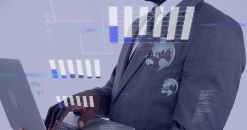 Business executive typing on laptop with digital bar charts and global analytics overlays
