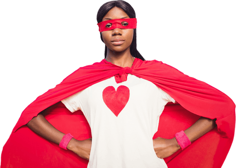 Confident Superhero Woman in Red Cape on Transparent Background
