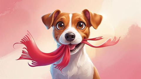 Cheerful cartoon dog with flowing red scarf in warm atmosphere