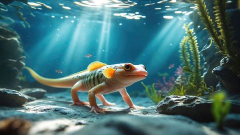 Enigmatic salamander in vibrant aquatic ecosystem below sunlit waters